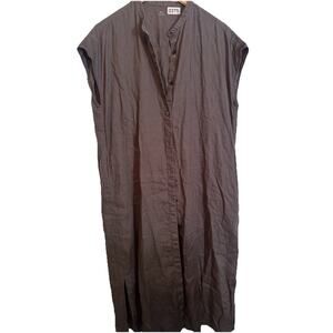 100% Linen M-L Grey Brown Button Down Shirt Tunic Dress Minimalist Coastal Pocke